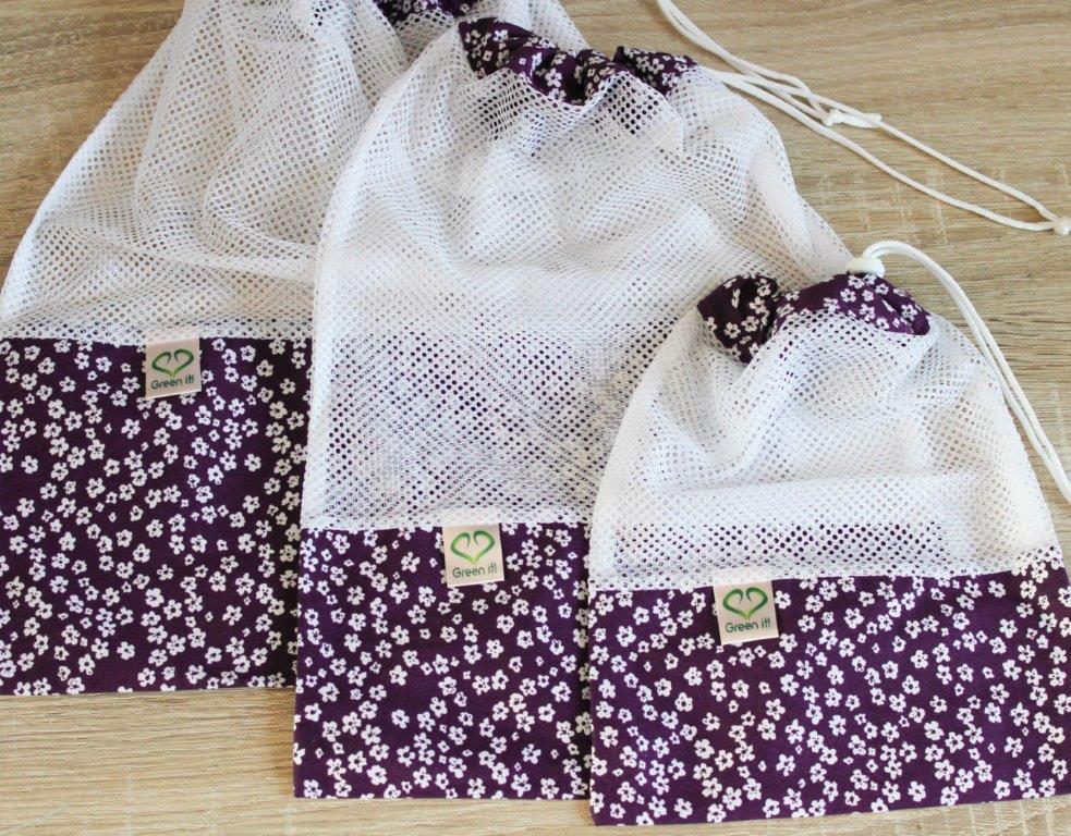 Ekologický nákupní sáček - fialovo-bílé kytičky