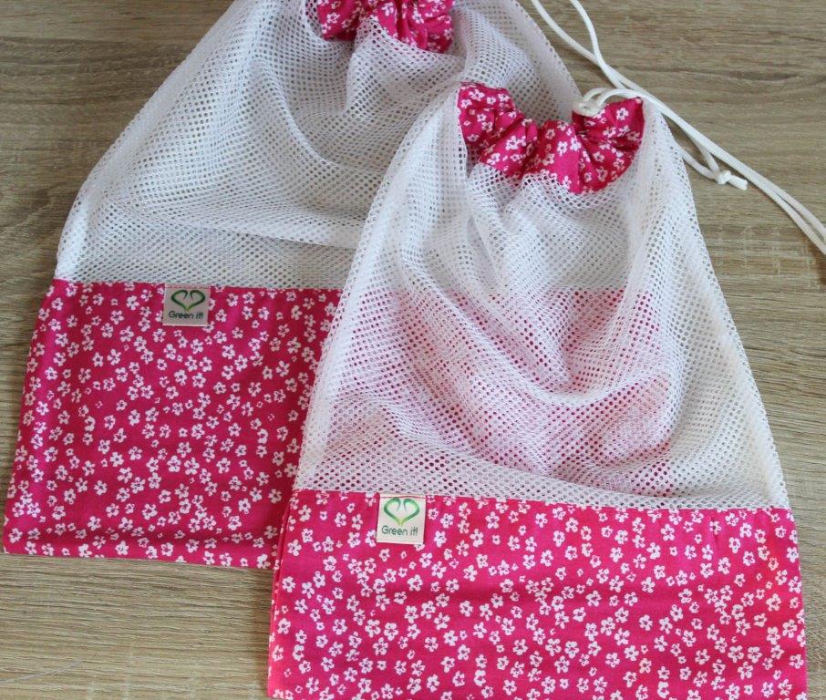 Ekologický nákupní sáček - růžovo-bílé kytičky